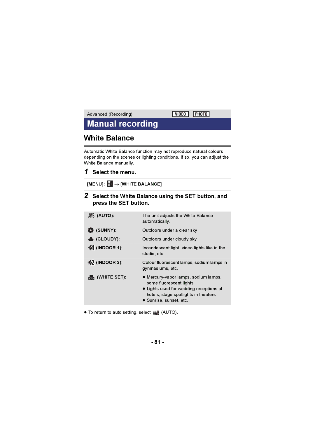 Panasonic HX-DC3 operating instructions Manual recording, Menu 3 # White Balance 