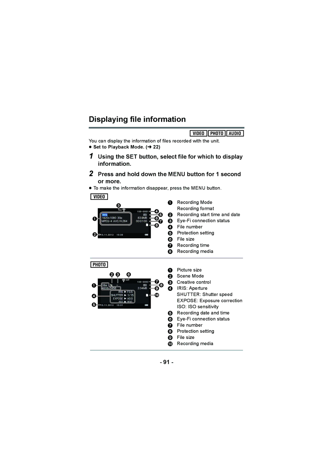 Panasonic HX-DC3 operating instructions Displaying file information 