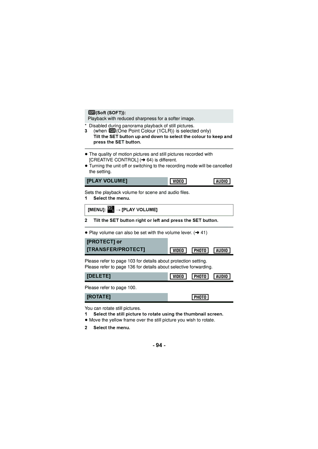 Panasonic HX-DC3 operating instructions Transfer/Protect, Delete, Rotate, # Play Volume 