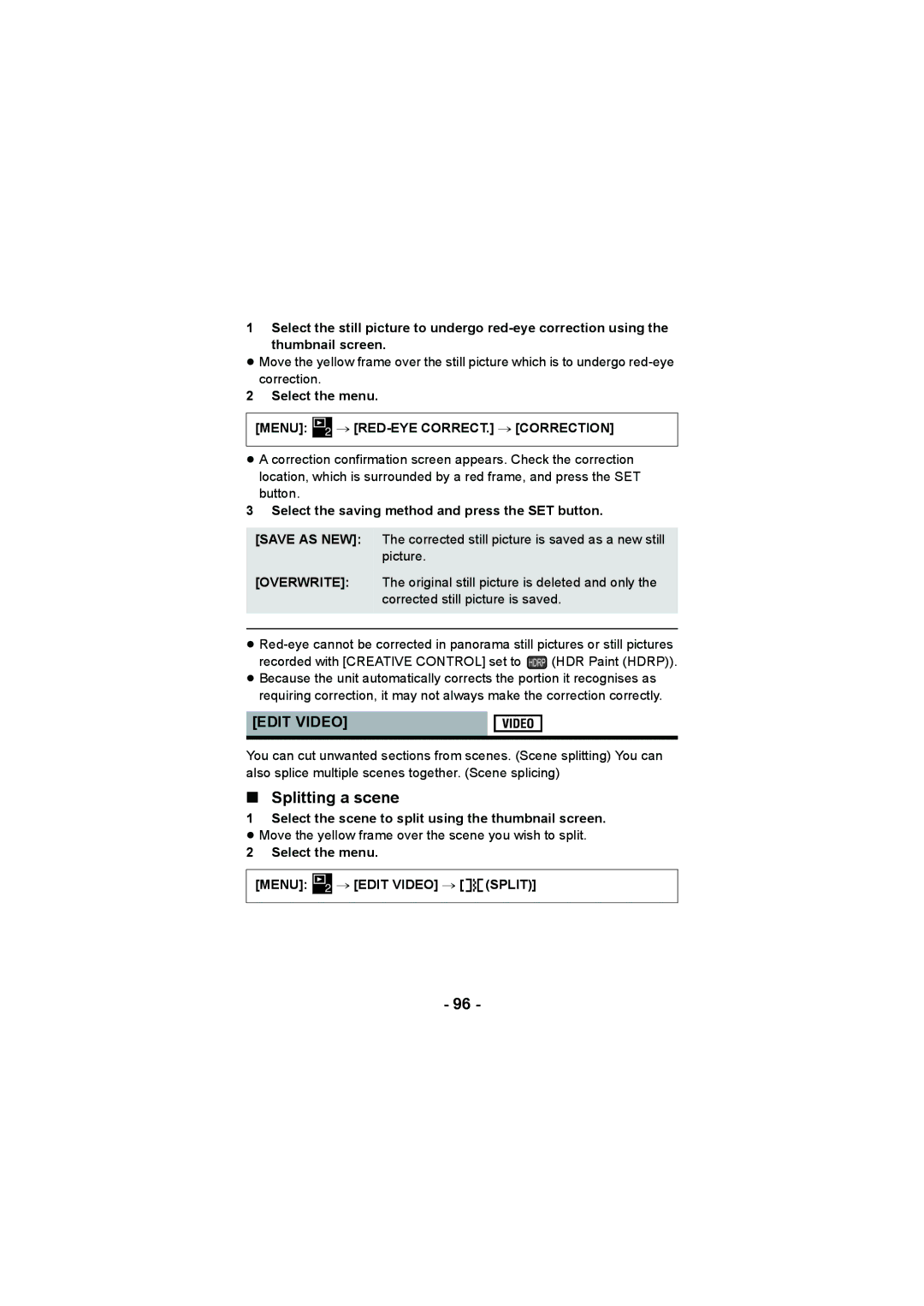 Panasonic HX-DC3 operating instructions Splitting a scene, Edit Video, # RED-EYE CORRECT. # Correction 