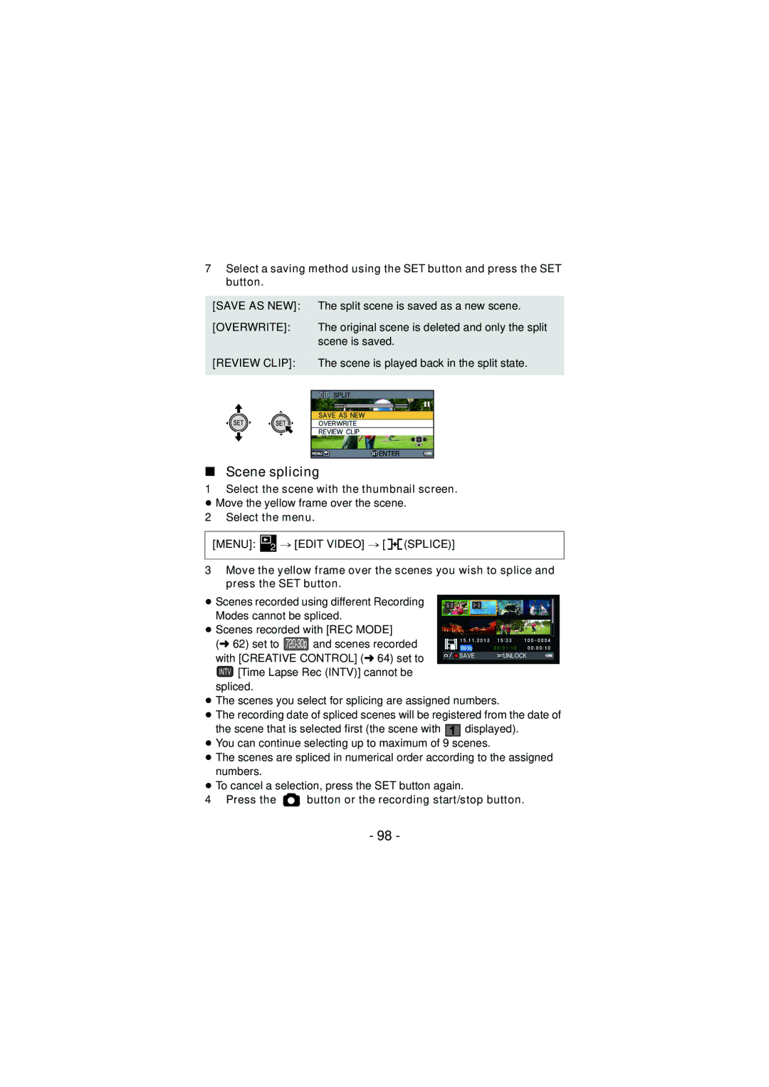 Panasonic HX-DC3 operating instructions Scene splicing, Select the scene with the thumbnail screen, Press 