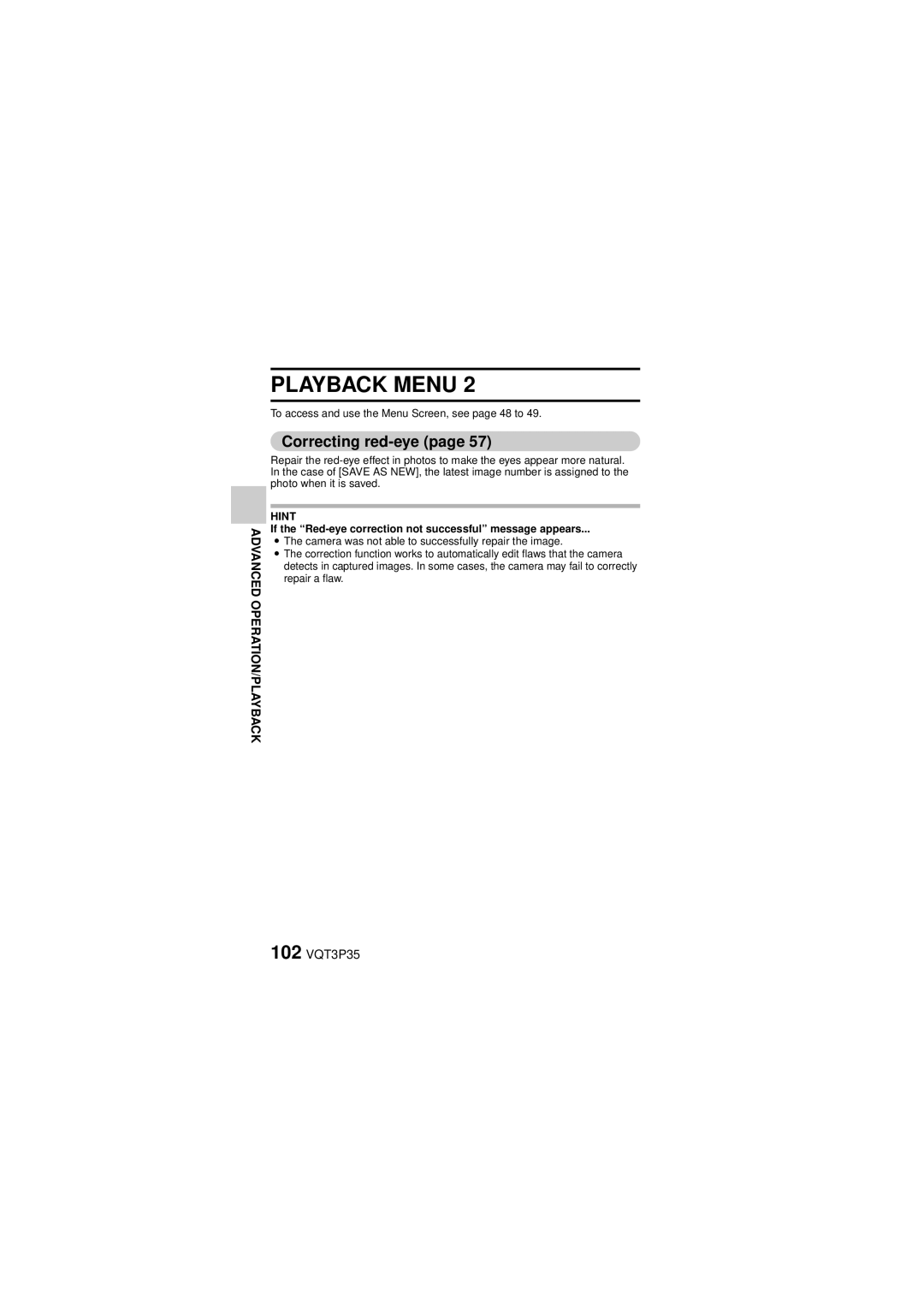 Panasonic HX-WA10 owner manual Correcting red-eye, 102 VQT3P35, If the Red-eye correction not successful message appears 