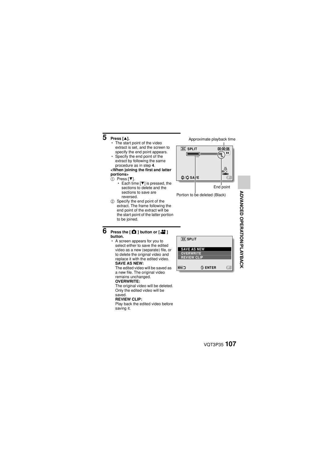 Panasonic HX-WA10 owner manual Press, When joining the first and latter Portions, Save AS NEW, Overwrite, Review Clip 