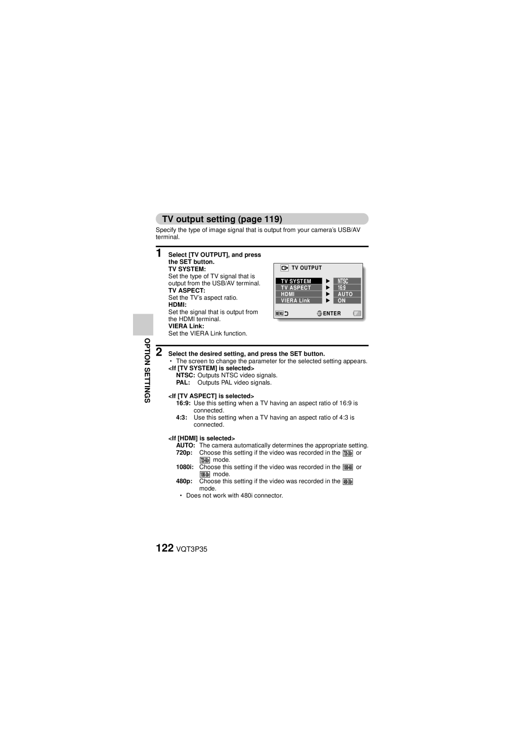 Panasonic HX-WA10 owner manual TV output setting, 122 VQT3P35, TV System, TV Aspect, Hdmi 