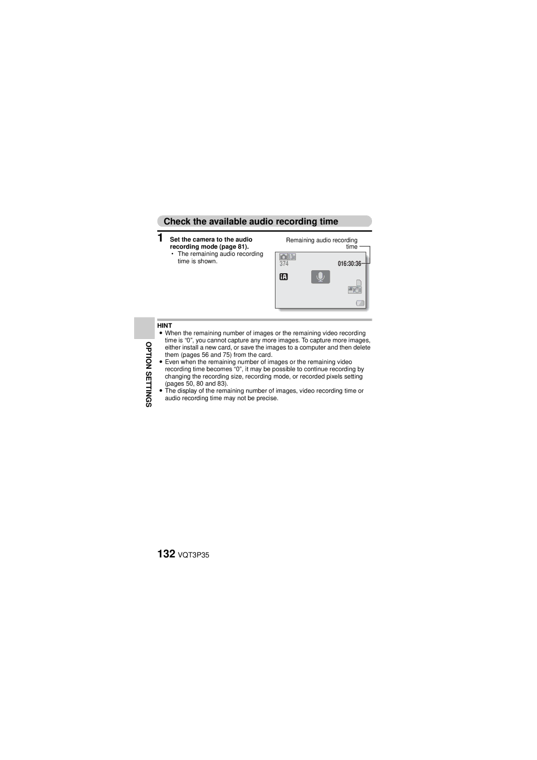 Panasonic HX-WA10 Check the available audio recording time, 132 VQT3P35, Set the camera to the audio recording mode 