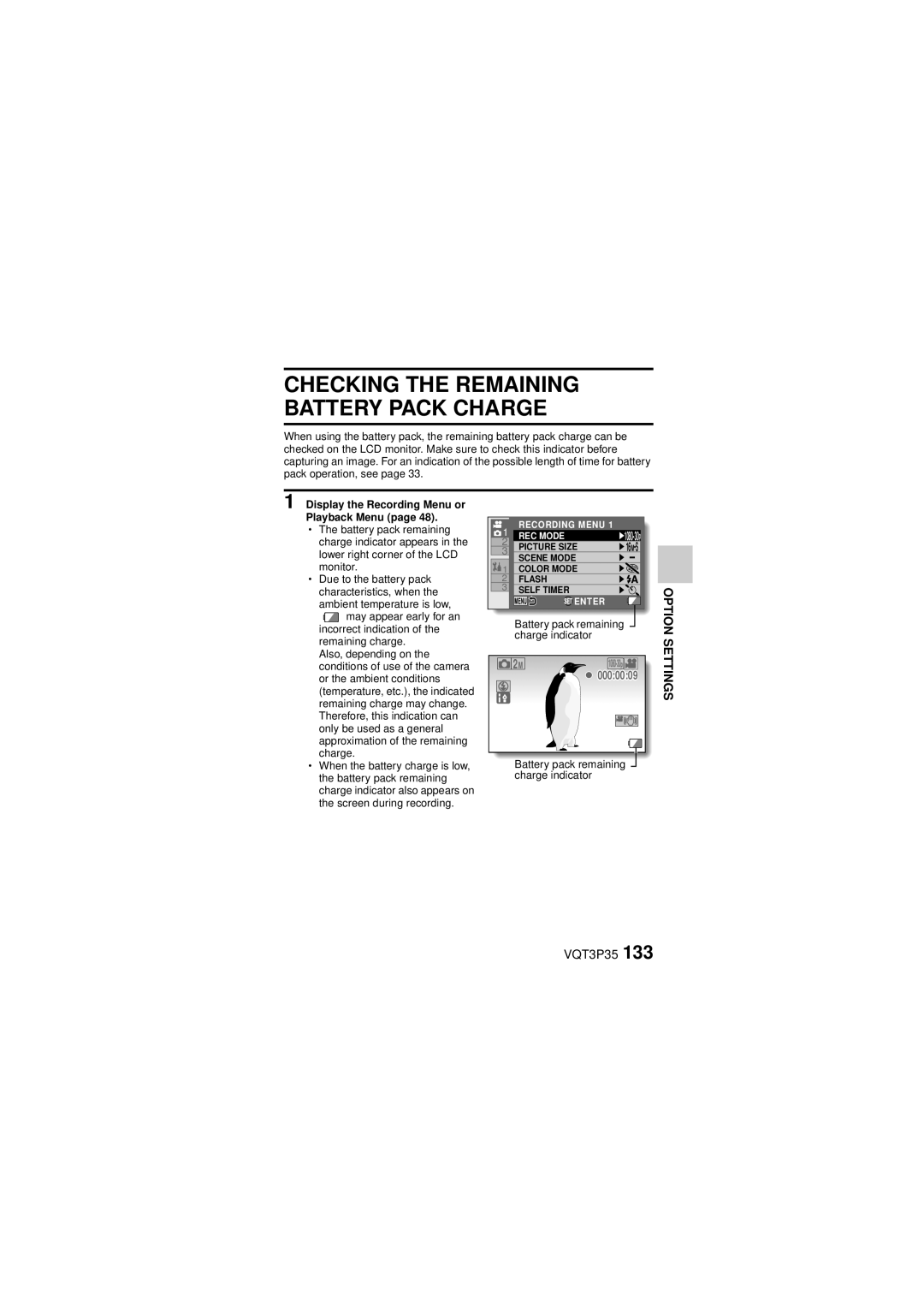 Panasonic HX-WA10 owner manual Checking the Remaining Battery Pack Charge, Display the Recording Menu or Playback Menu 