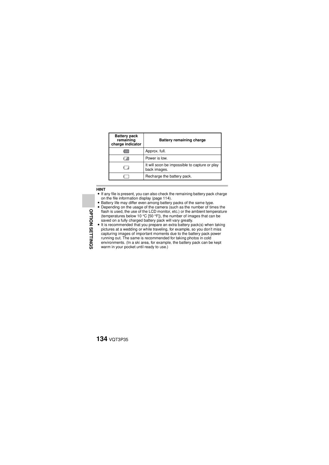 Panasonic HX-WA10 owner manual 134 VQT3P35, Battery remaining charge, Approx. full 