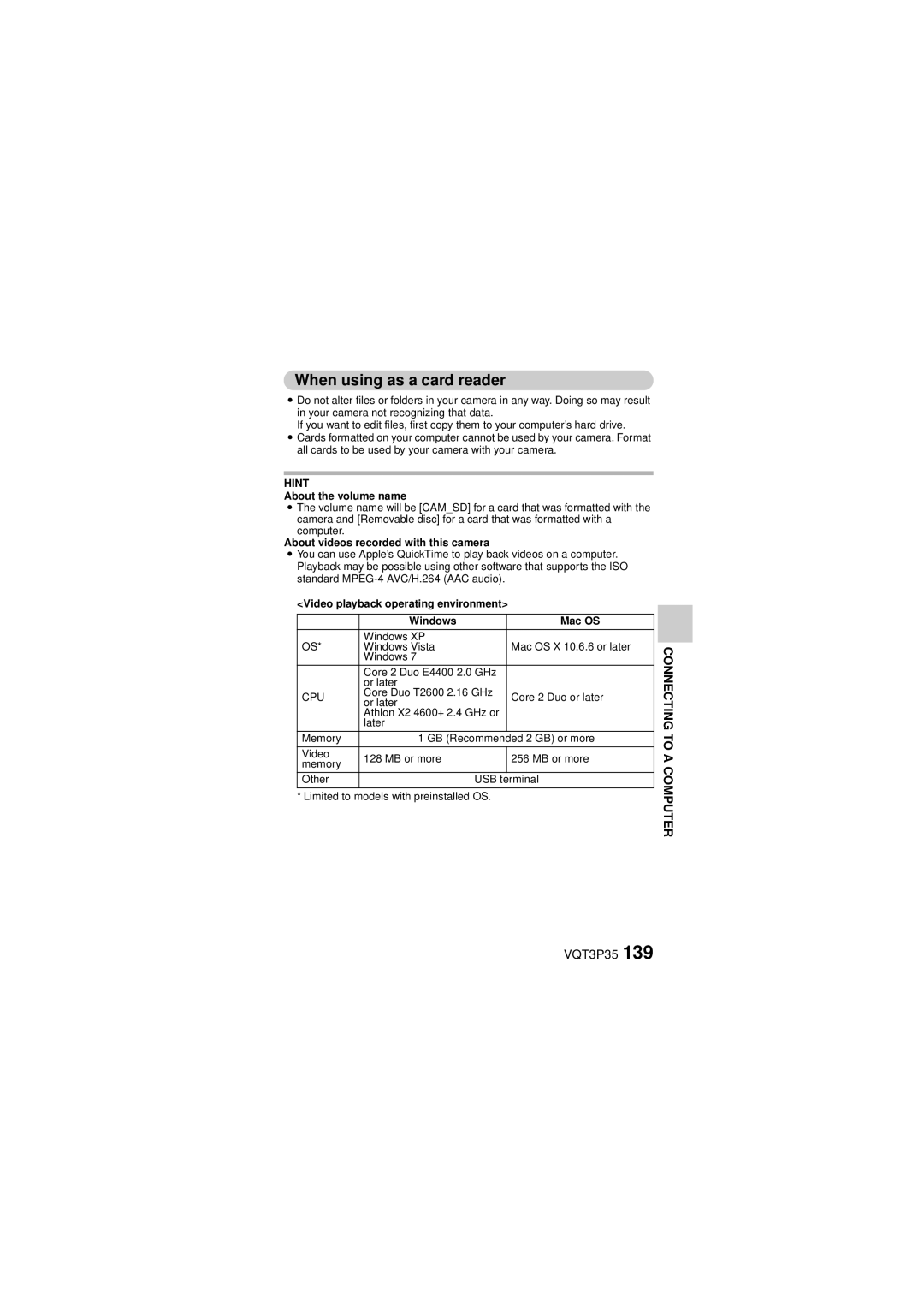 Panasonic HX-WA10 owner manual When using as a card reader, About the volume name, About videos recorded with this camera 