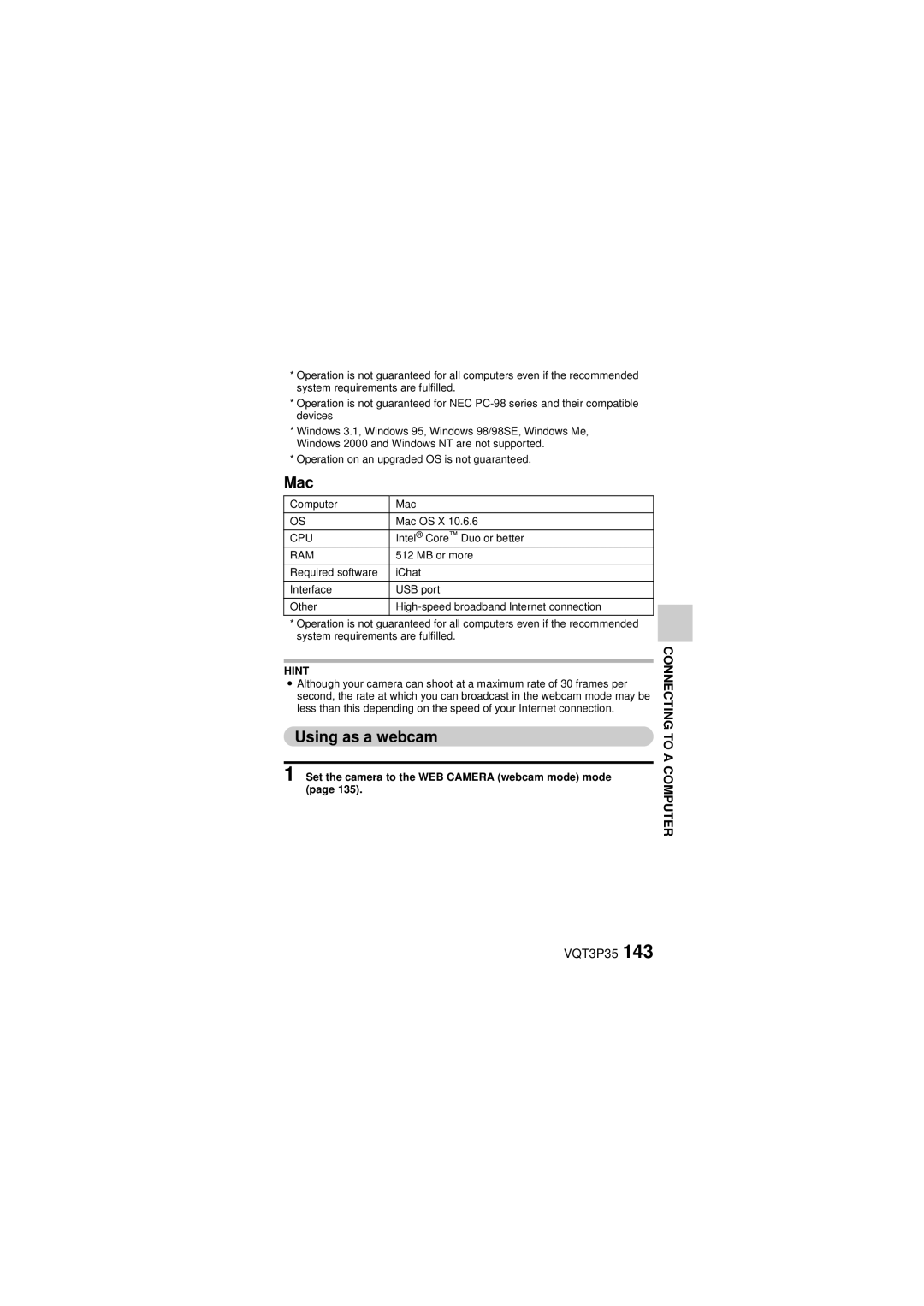 Panasonic HX-WA10 owner manual Mac, Using as a webcam, Set the camera to the WEB Camera webcam mode mode 