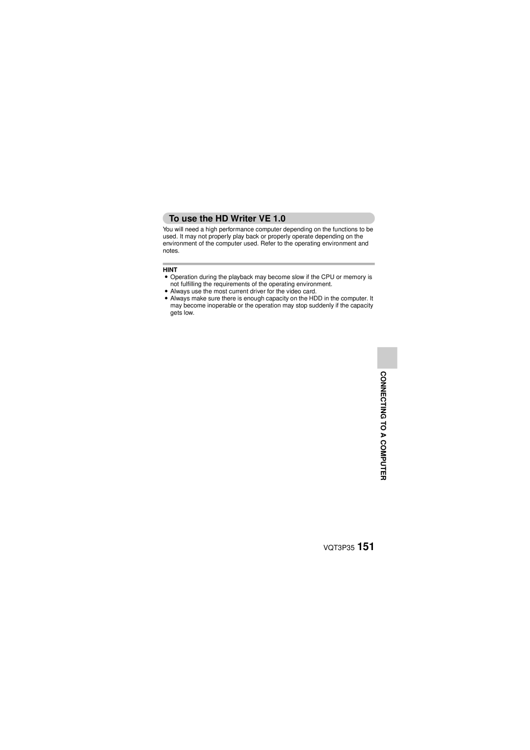 Panasonic HX-WA10 owner manual To use the HD Writer VE, Hint 