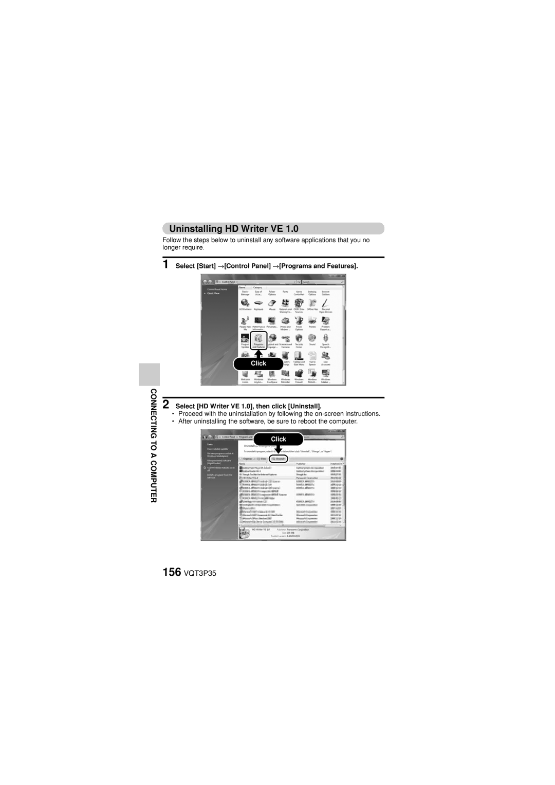 Panasonic HX-WA10 owner manual Uninstalling HD Writer VE, 156 VQT3P35, Select Start →Control Panel →Programs and Features 