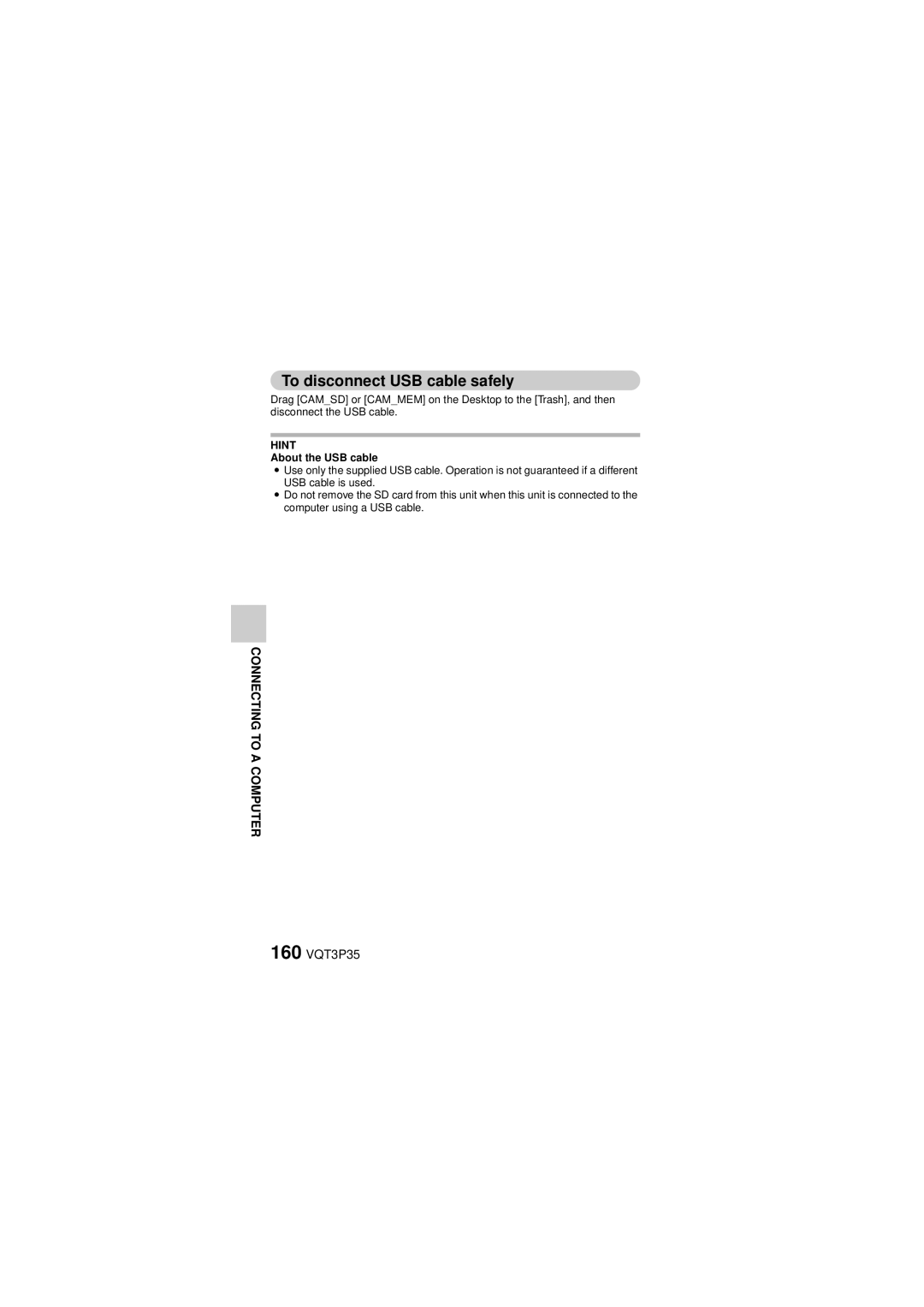 Panasonic HX-WA10 owner manual To disconnect USB cable safely, 160 VQT3P35 