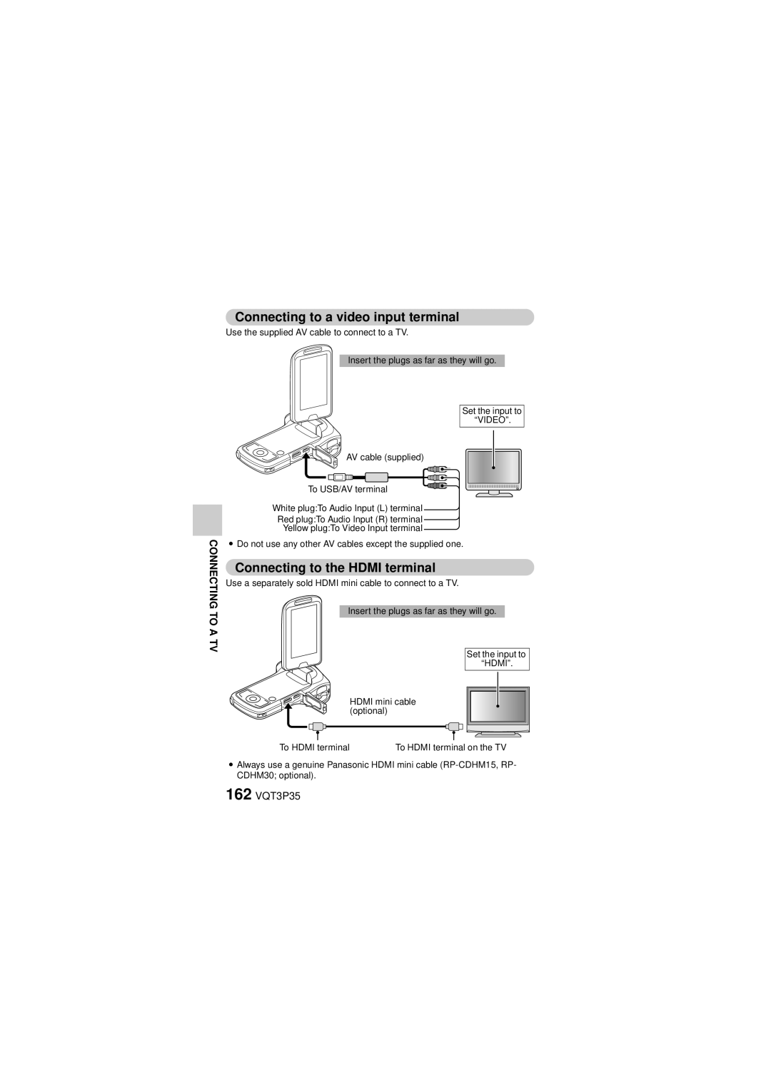 Panasonic HX-WA10 owner manual Connecting to a video input terminal, Connecting to the Hdmi terminal, 162 VQT3P35 