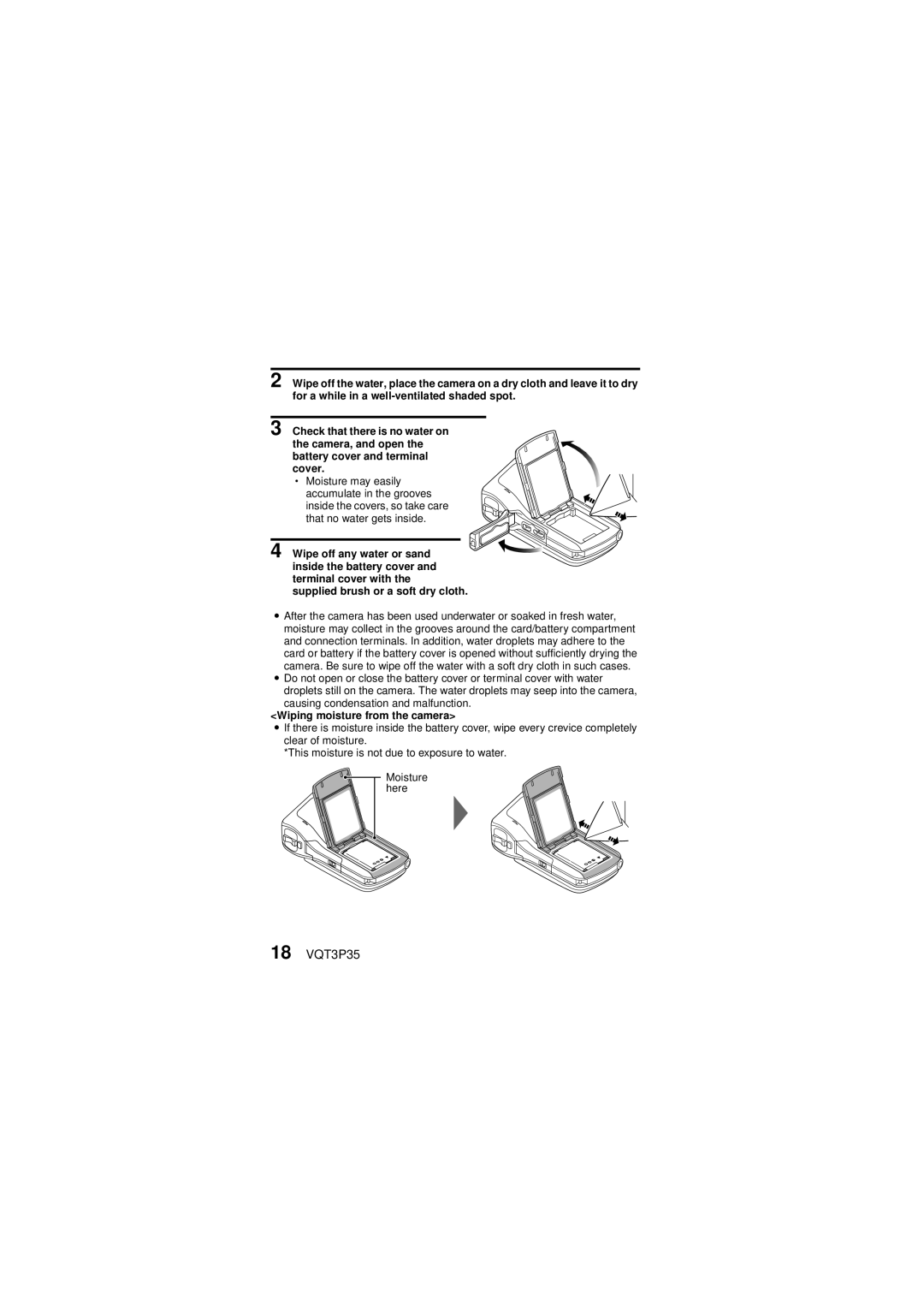 Panasonic HX-WA10 owner manual 18 VQT3P35, Wiping moisture from the camera 