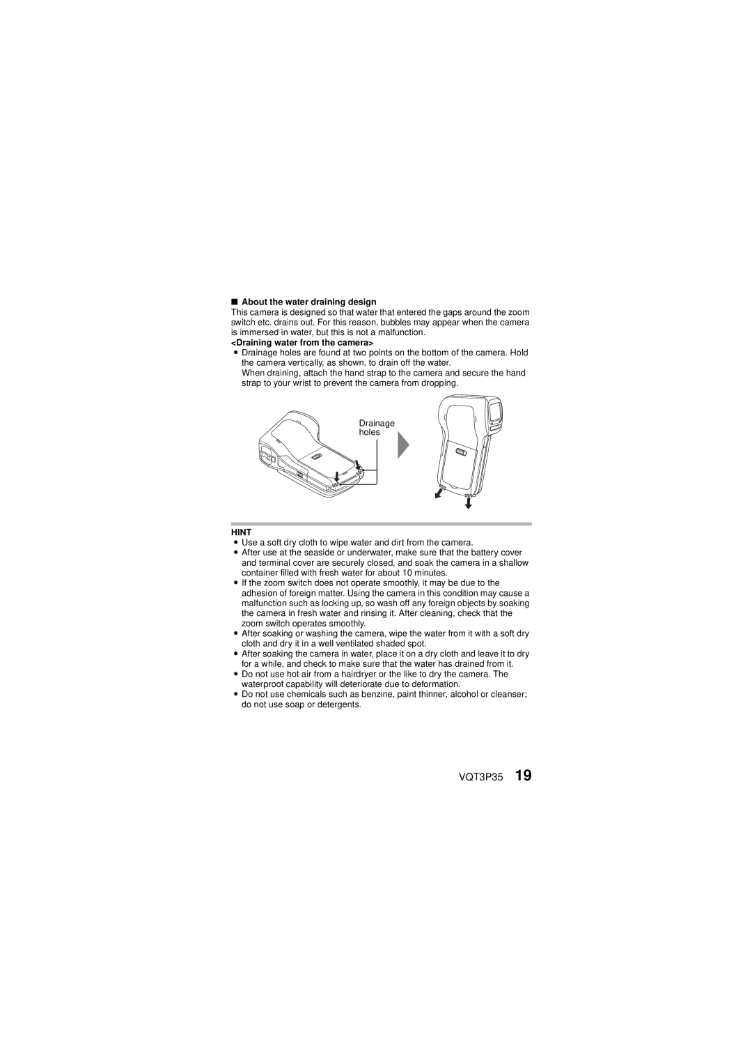 Panasonic HX-WA10 owner manual About the water draining design, Draining water from the camera 