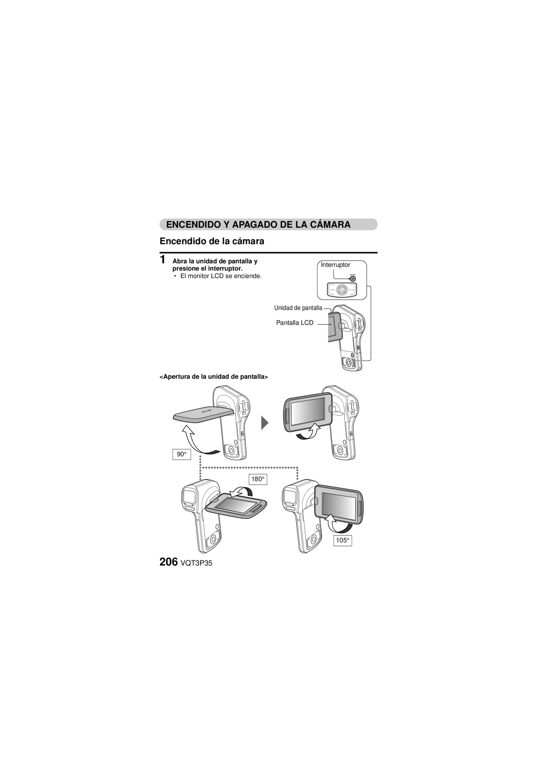 Panasonic HX-WA10 owner manual Encendido de la cámara, 206 VQT3P35, Abra la unidad de pantalla y Presione el interruptor 