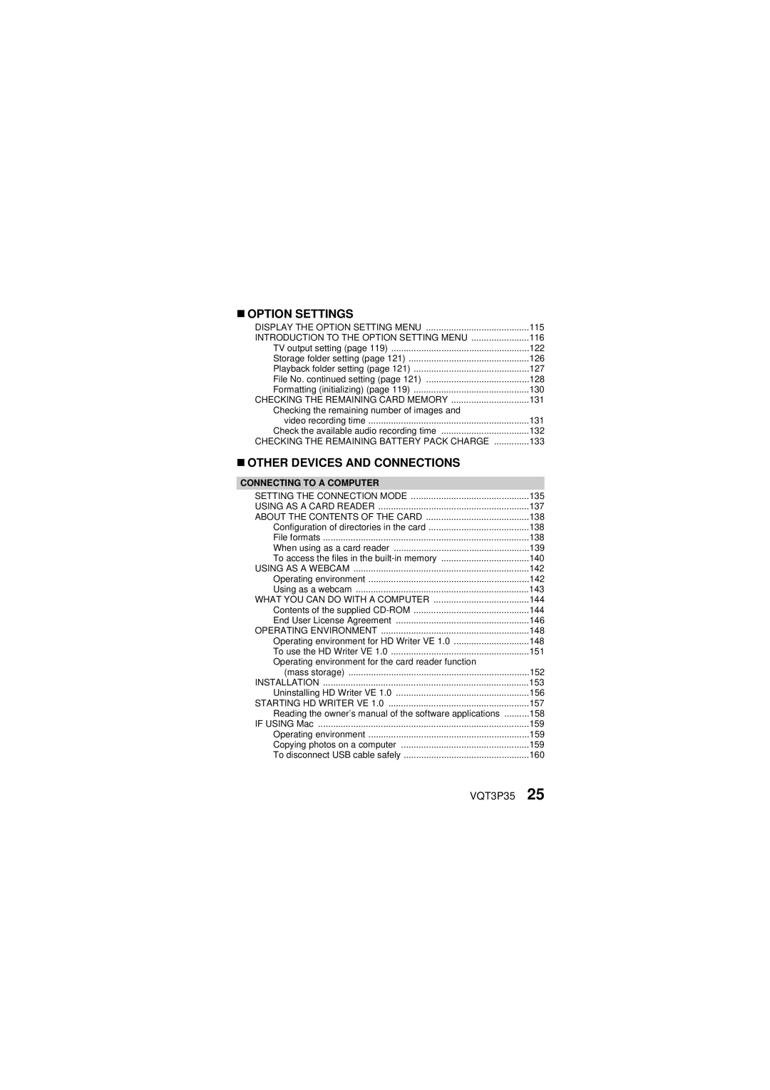 Panasonic HX-WA10 owner manual „ Option Settings, Connecting to a Computer 