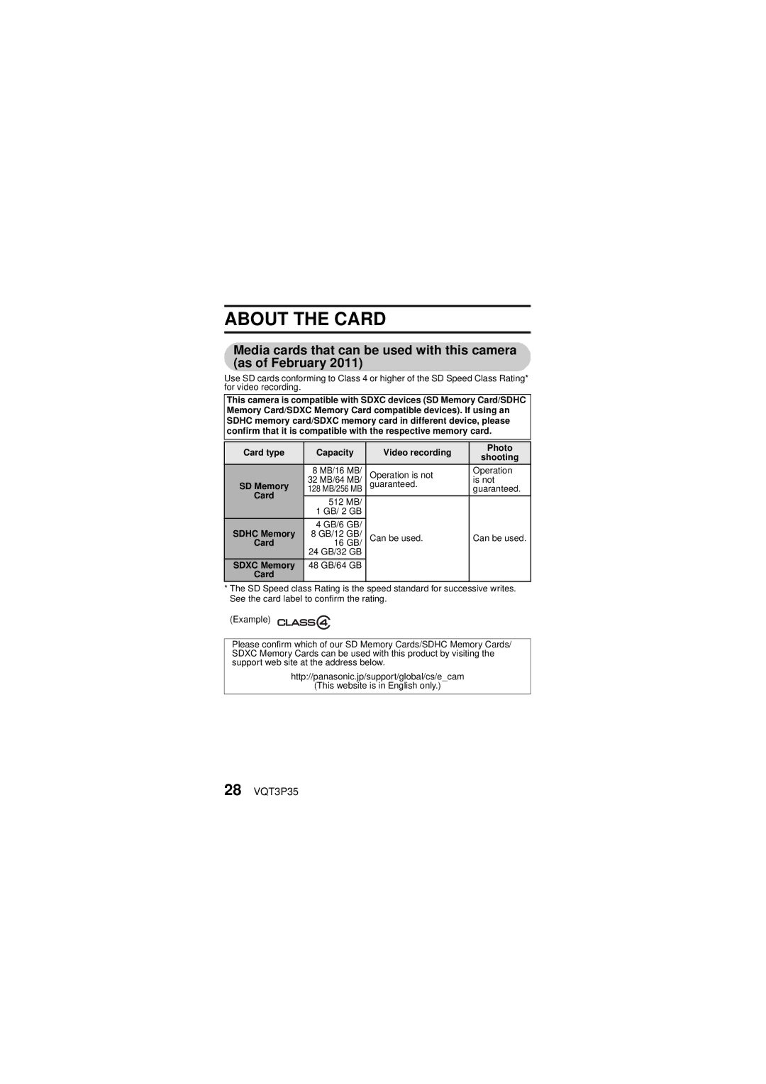 Panasonic HX-WA10 owner manual About the Card, 28 VQT3P35, SD Memory, Sdxc Memory 