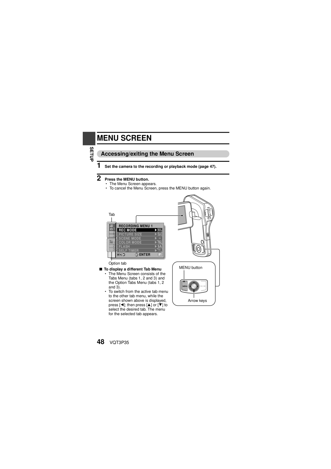 Panasonic HX-WA10 owner manual Accessing/exiting the Menu Screen, 48 VQT3P35 