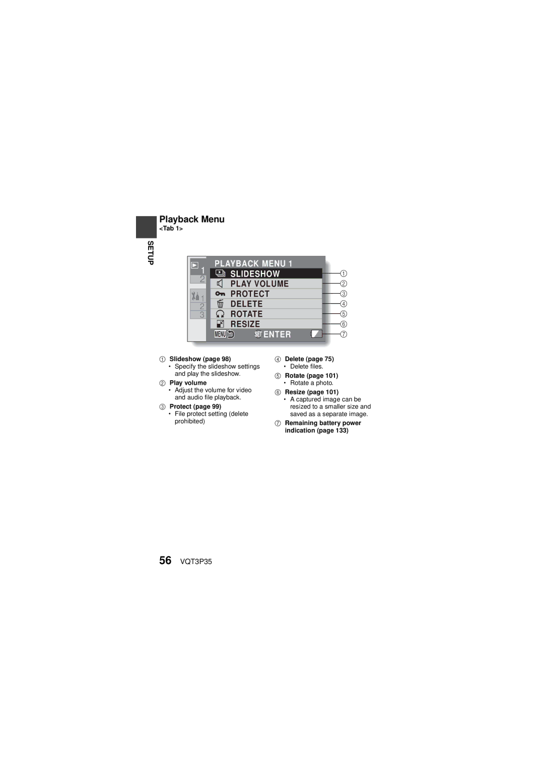 Panasonic HX-WA10 owner manual Playback Menu, 56 VQT3P35, Slideshow, Play volume, Protect 