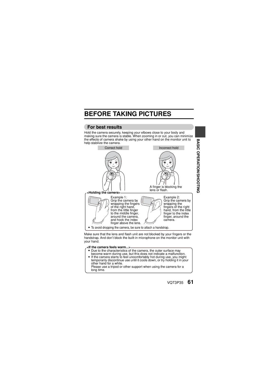 Panasonic HX-WA10 owner manual Before Taking Pictures, For best results, Holding the camera, If the camera feels warm 