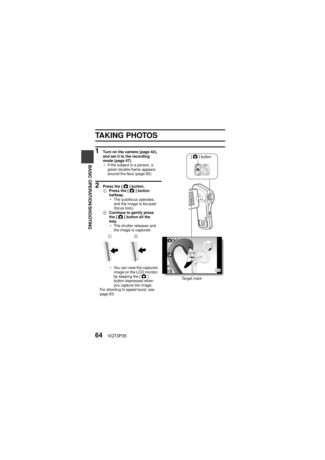 Panasonic HX-WA10 owner manual Taking Photos, 64 VQT3P35 