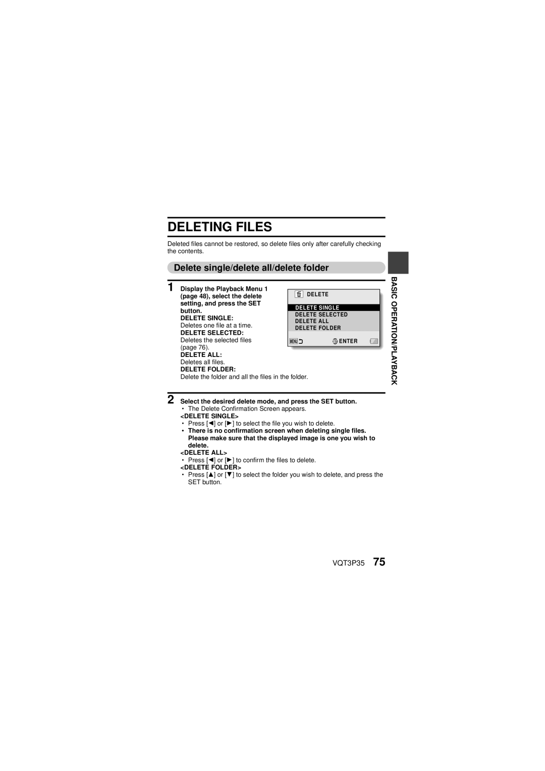 Panasonic HX-WA10 owner manual Deleting Files, Delete single/delete all/delete folder 