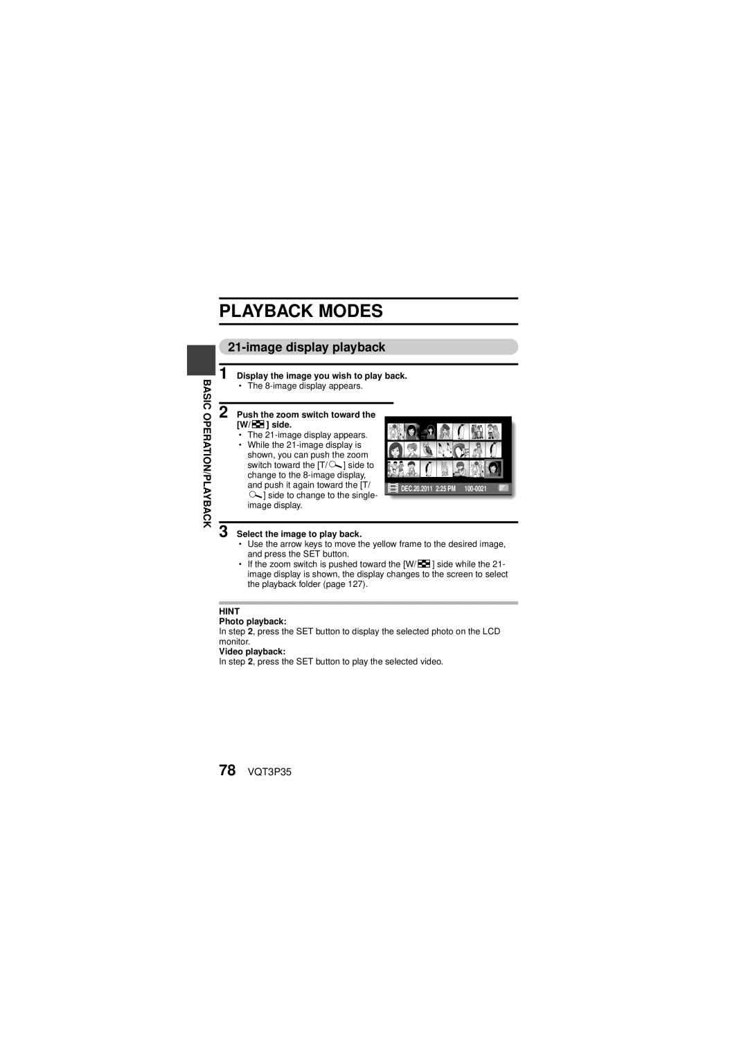 Panasonic HX-WA10 owner manual Playback Modes, Image display playback, 78 VQT3P35 