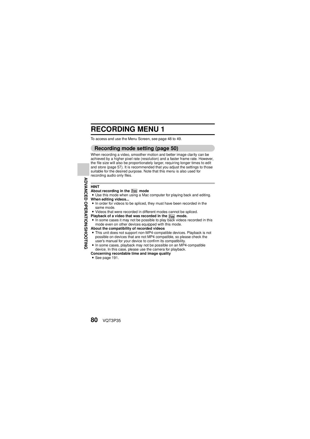 Panasonic HX-WA10 owner manual Recording Menu, Recording mode setting, 80 VQT3P35 