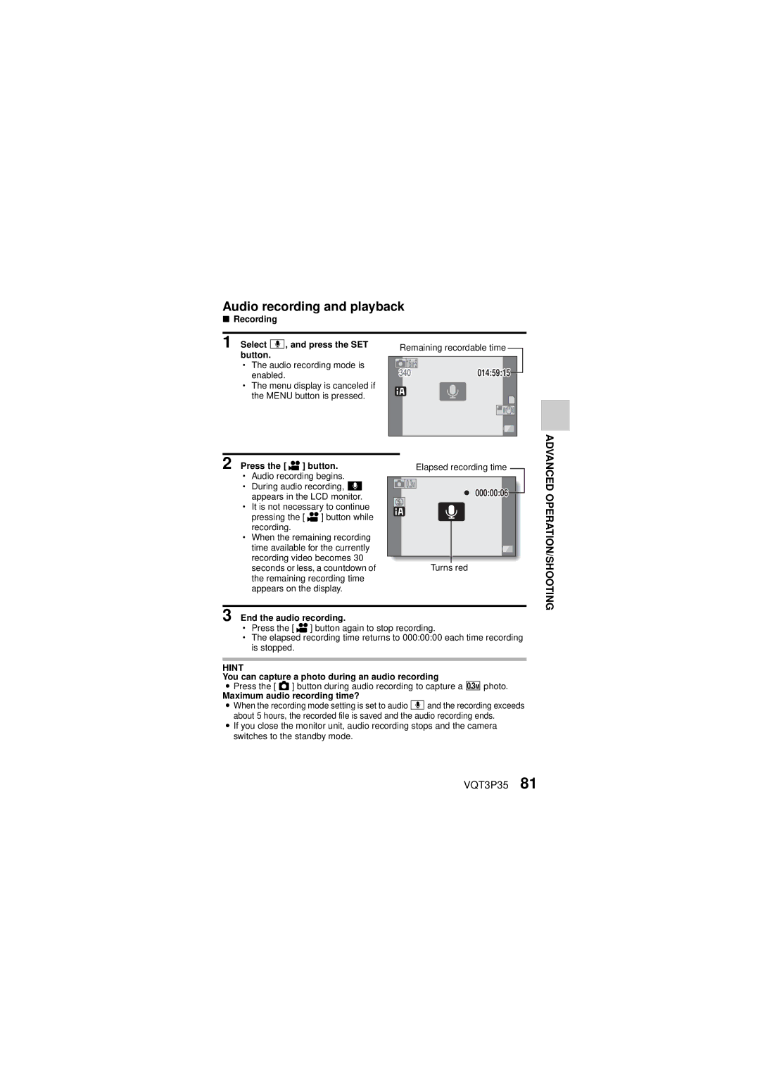 Panasonic HX-WA10 Audio recording and playback, Recording, End the audio recording, Maximum audio recording time? 