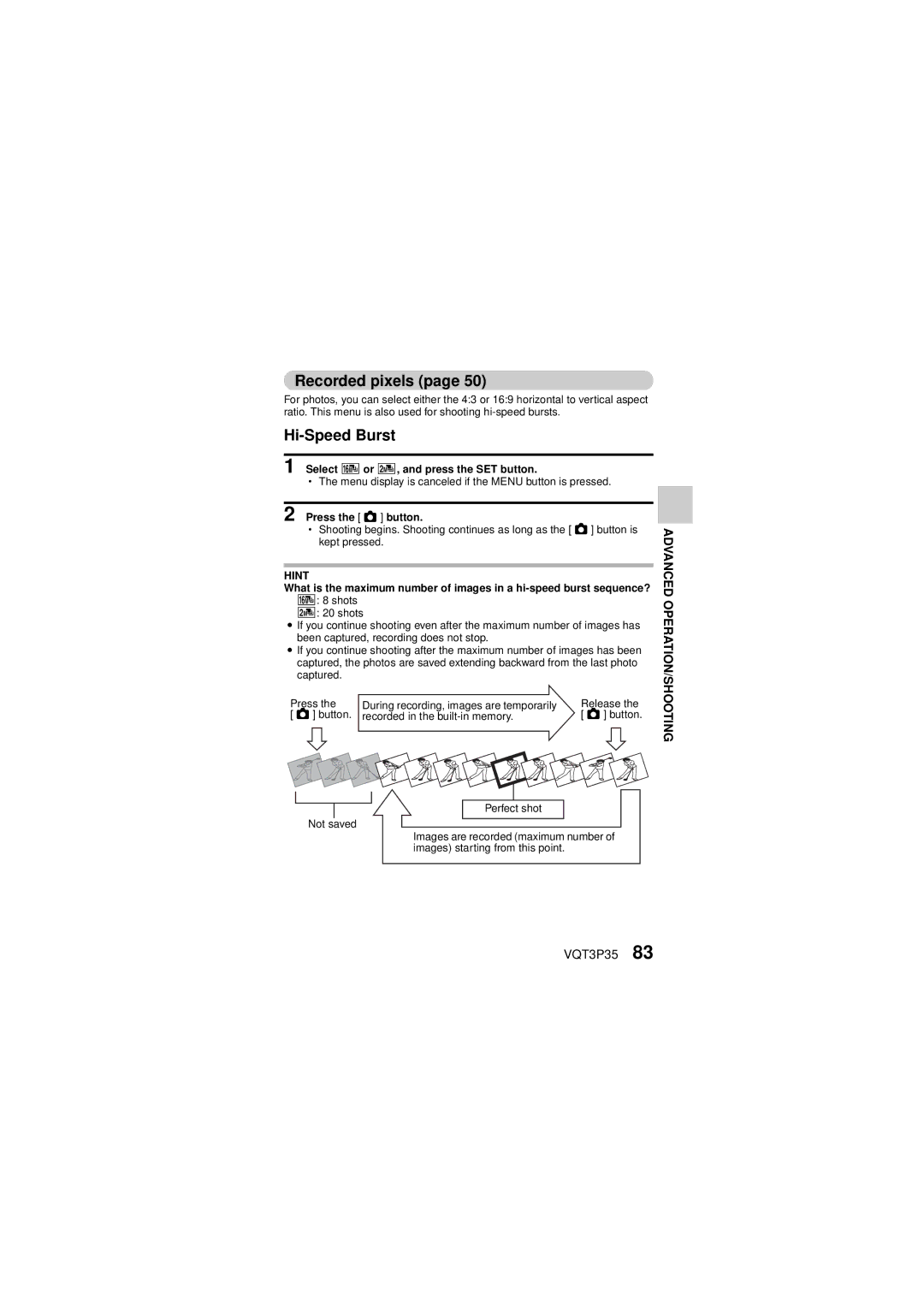 Panasonic HX-WA10 owner manual Recorded pixels, Hi-Speed Burst, Select C or t, and press the SET button 