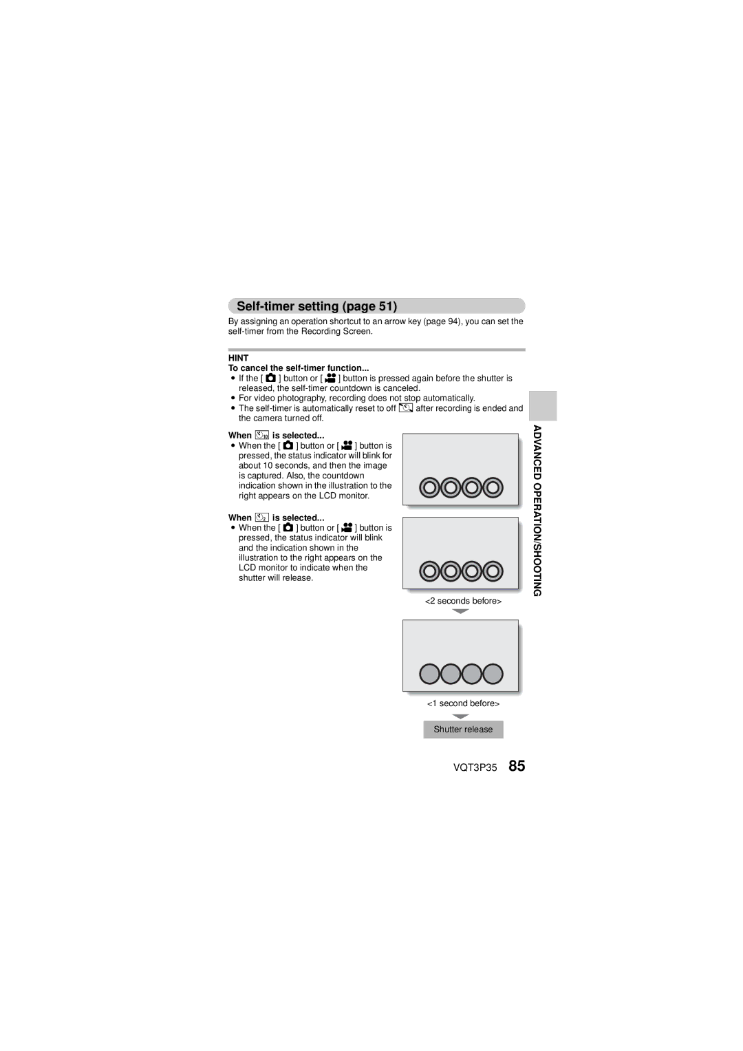 Panasonic HX-WA10 owner manual Self-timer setting, To cancel the self-timer function, When xis selected, When yis selected 