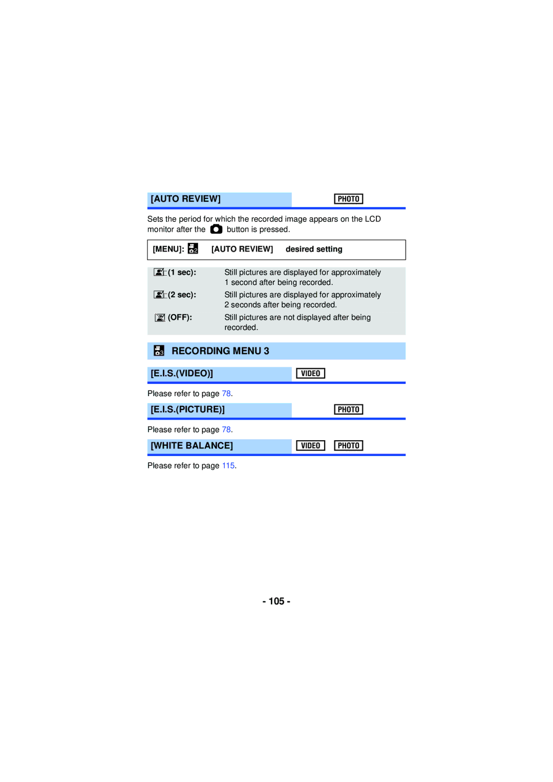 Panasonic HX-WA30, HX-WA03, HXWA03H owner manual 105, Auto Review, S.Video, S.Picture, White Balance 