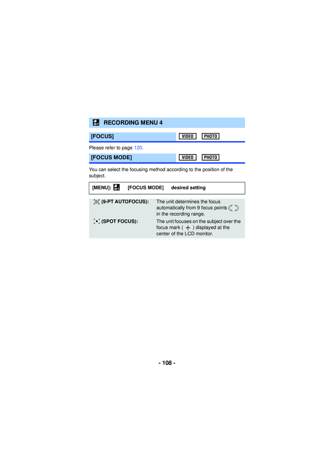 Panasonic HX-WA30, HX-WA03, HXWA03H owner manual 108, Menu 4 # Focus Mode # desired setting 