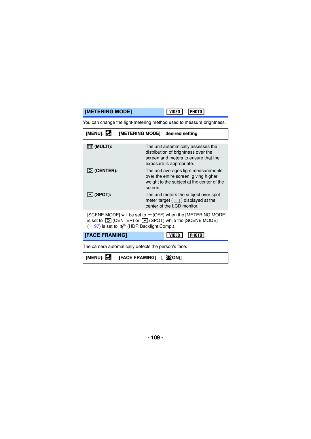 Panasonic HX-WA30, HX-WA03, HXWA03H owner manual 109, Metering Mode, Face Framing, Multi 