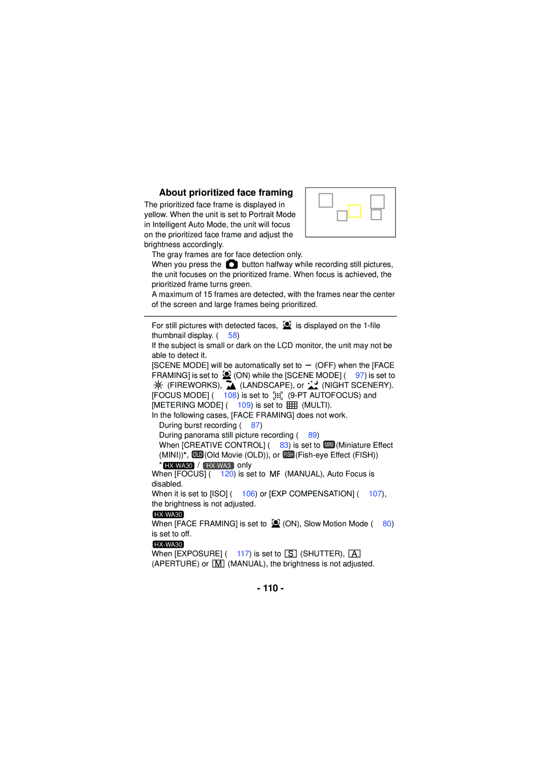 Panasonic HX-WA03, HX-WA30, HXWA03H owner manual About prioritized face framing, 110 