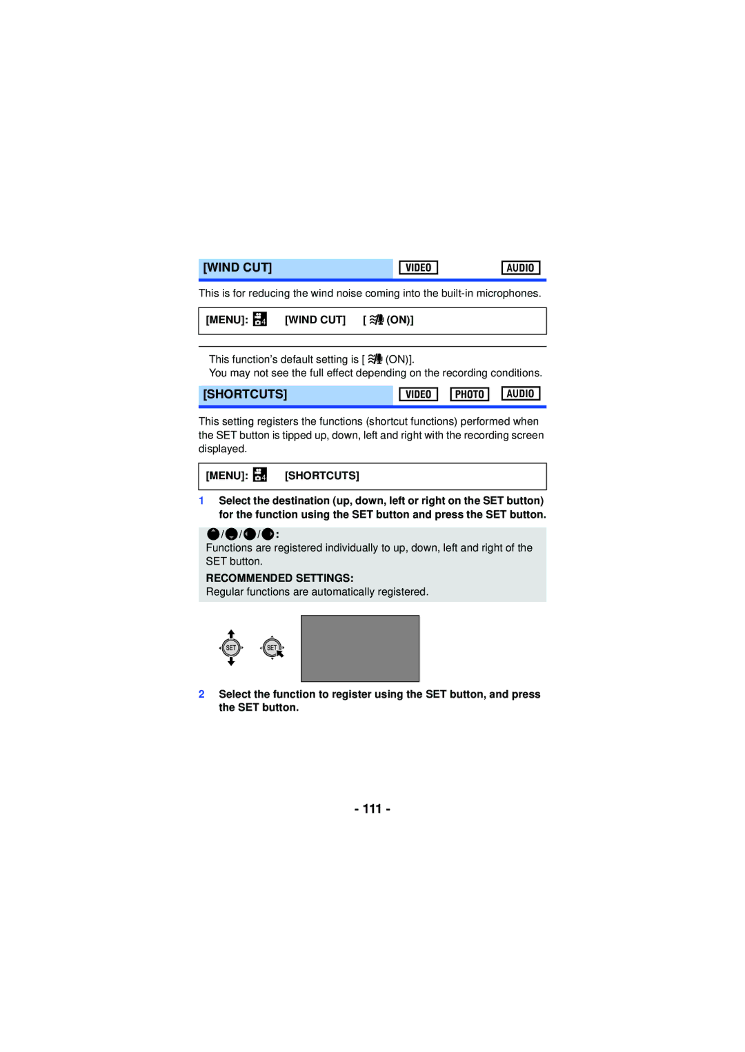 Panasonic HXWA03H, HX-WA30, HX-WA03 owner manual 111, Wind CUT, Menu 4 # Shortcuts, Recommended Settings 