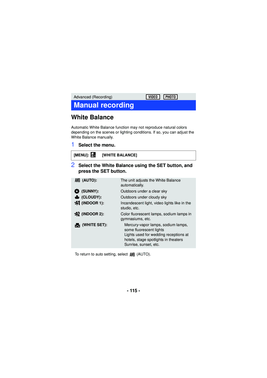 Panasonic HXWA03H, HX-WA30, HX-WA03 owner manual Manual recording, 115, Menu 3 # White Balance 