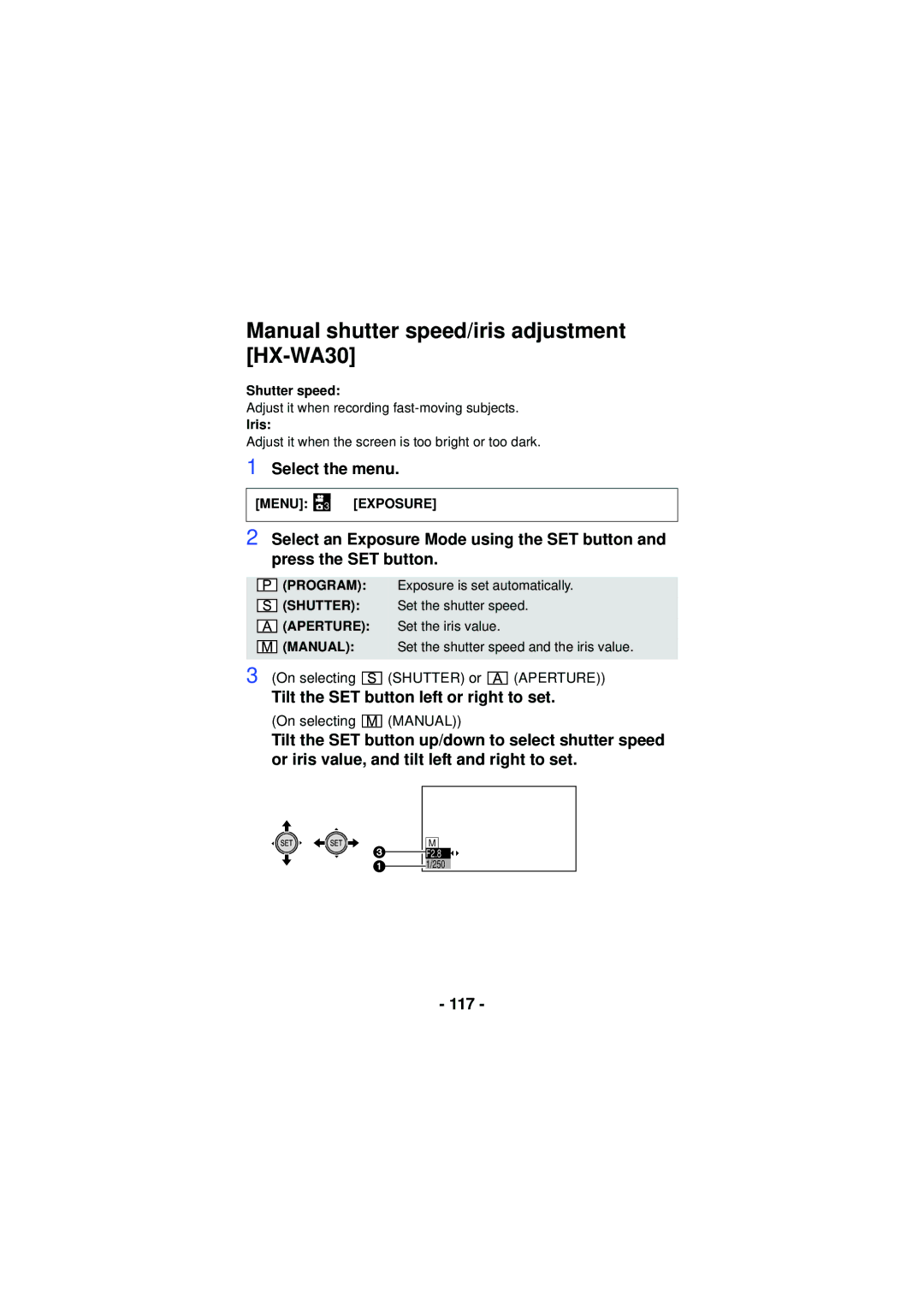 Panasonic HX-WA03, HXWA03H Manual shutter speed/iris adjustment HX-WA30, Tilt the SET button left or right to set, 117 