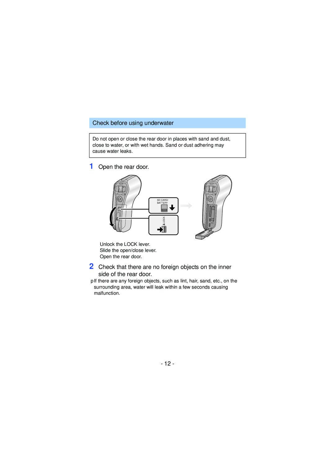 Panasonic HX-WA30, HX-WA03, HXWA03H owner manual Check before using underwater, Open the rear door 