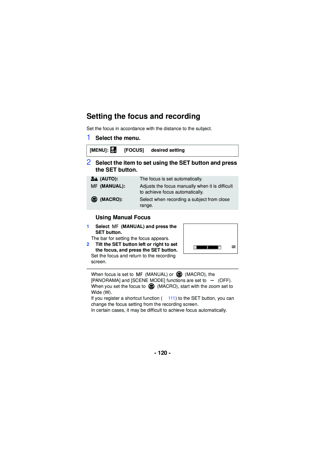 Panasonic HX-WA30, HX-WA03 Setting the focus and recording, Using Manual Focus, 120, Menu 4 # Focus # desired setting 