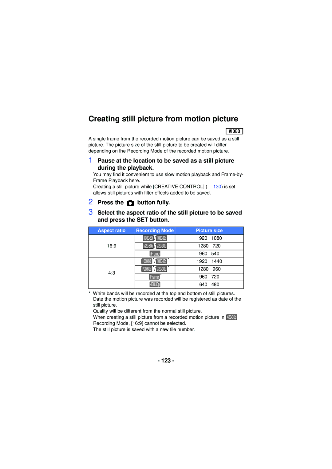 Panasonic HXWA03H, HX-WA30, HX-WA03 owner manual Creating still picture from motion picture, 123 