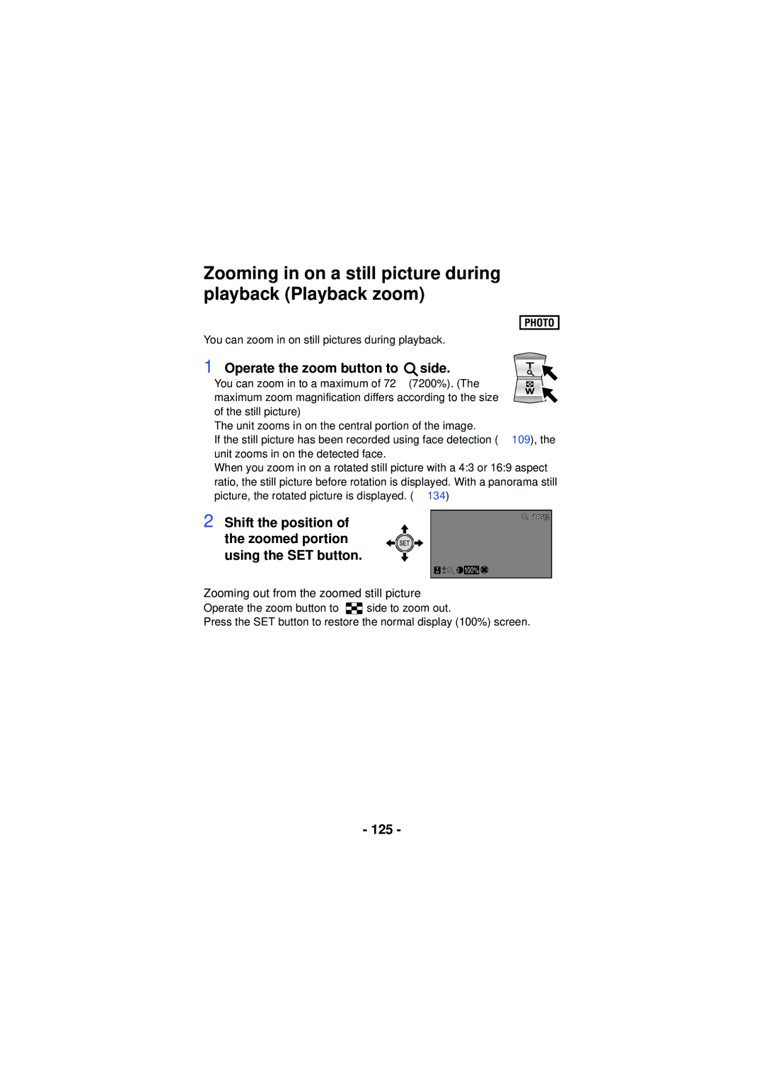 Panasonic HX-WA30 Zooming in on a still picture during playback Playback zoom, Operate the zoom button to side, 125 