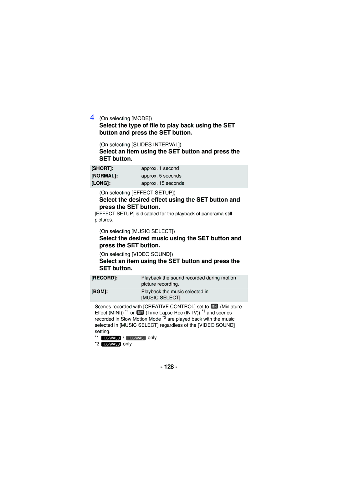 Panasonic HX-WA30, HX-WA03, HXWA03H owner manual 128, Short, Normal, Long 