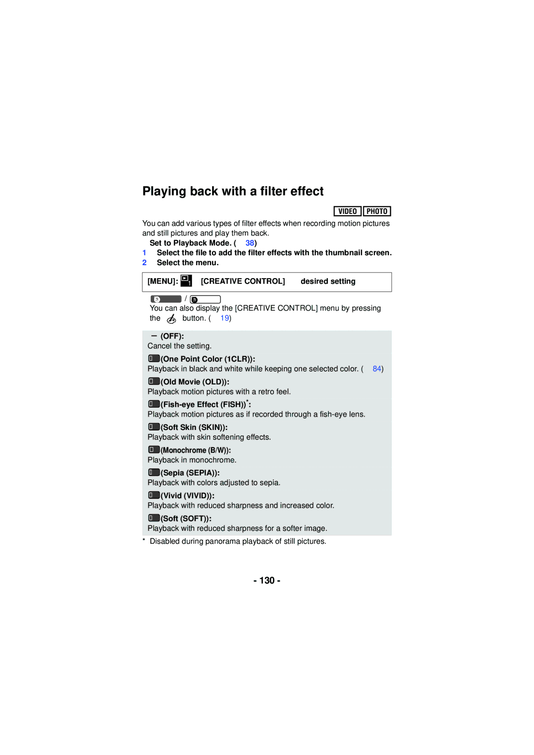 Panasonic HX-WA03, HX-WA30 Playing back with a filter effect, 130, OFF Cancel the setting 1CLR One Point Color 1CLR 