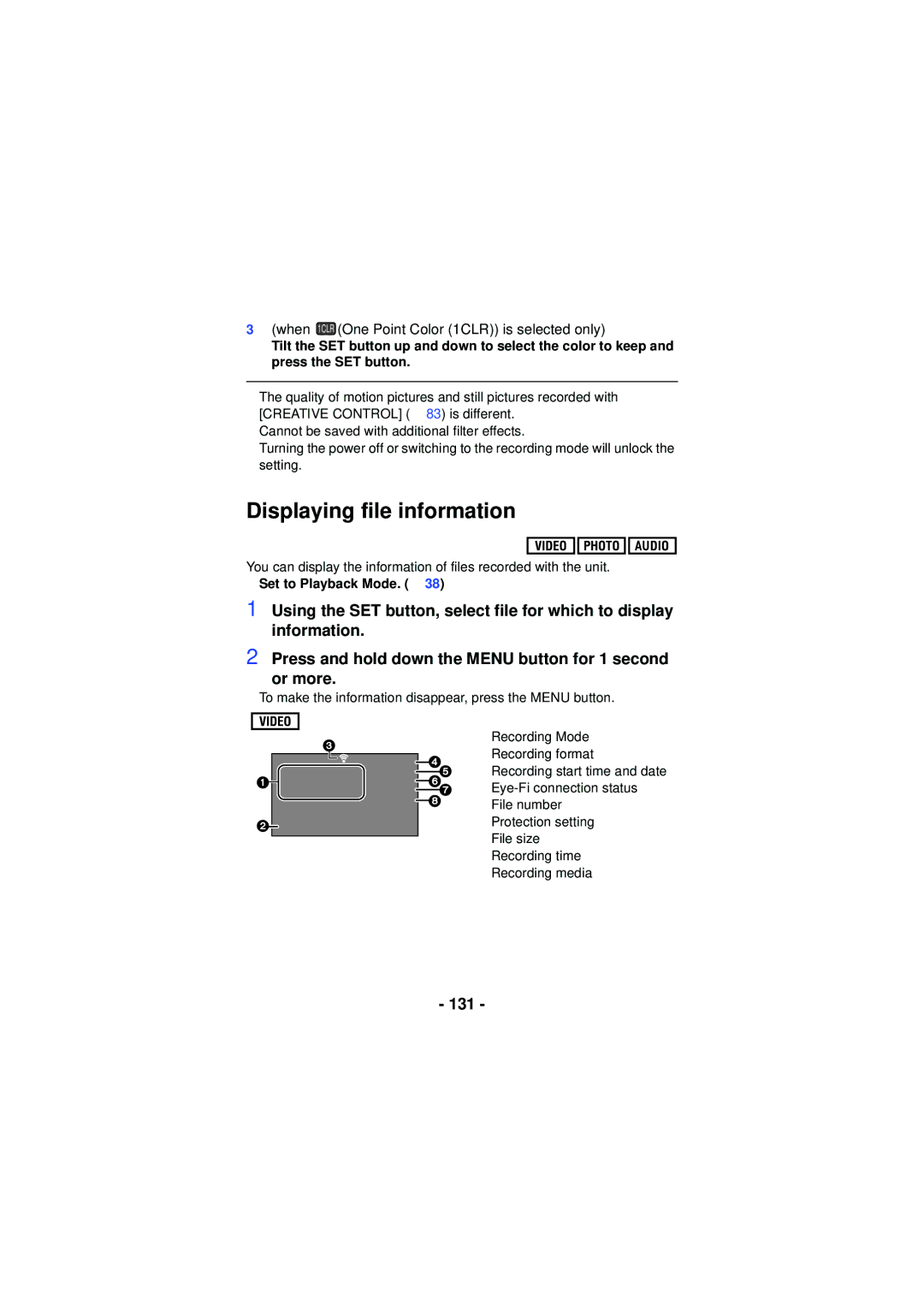 Panasonic HXWA03H, HX-WA30, HX-WA03 owner manual Displaying file information, 131 