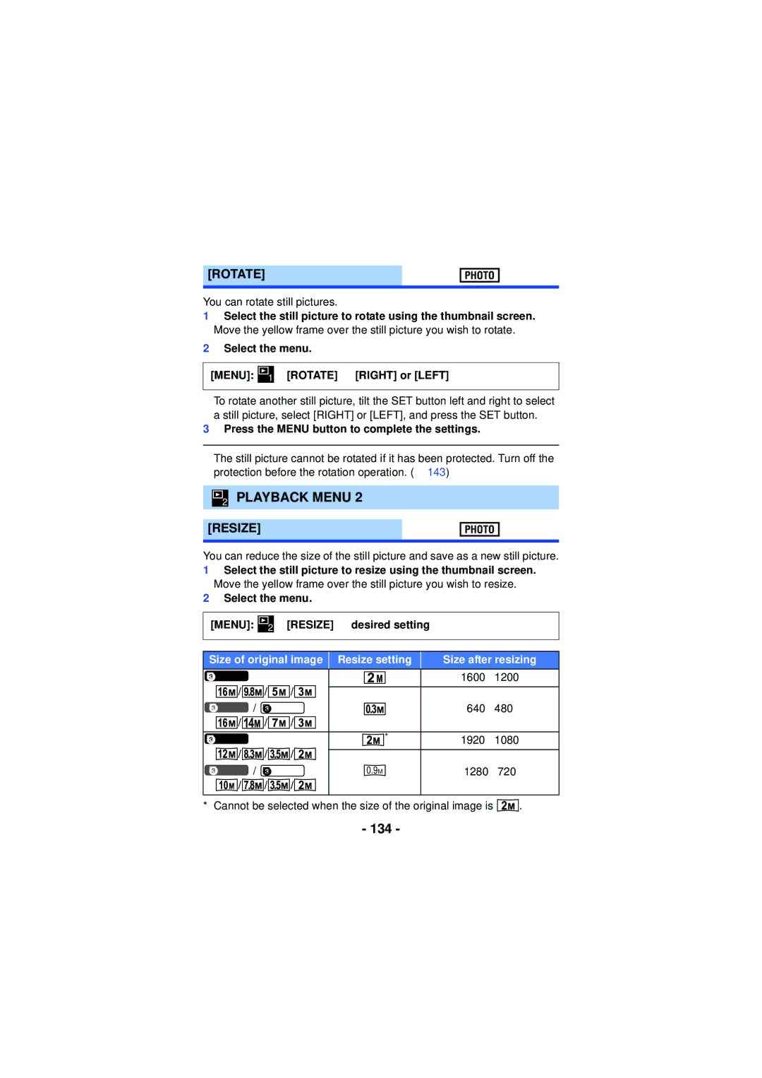 Panasonic HX-WA03, HX-WA30, HXWA03H owner manual 134, Rotate, Resize 