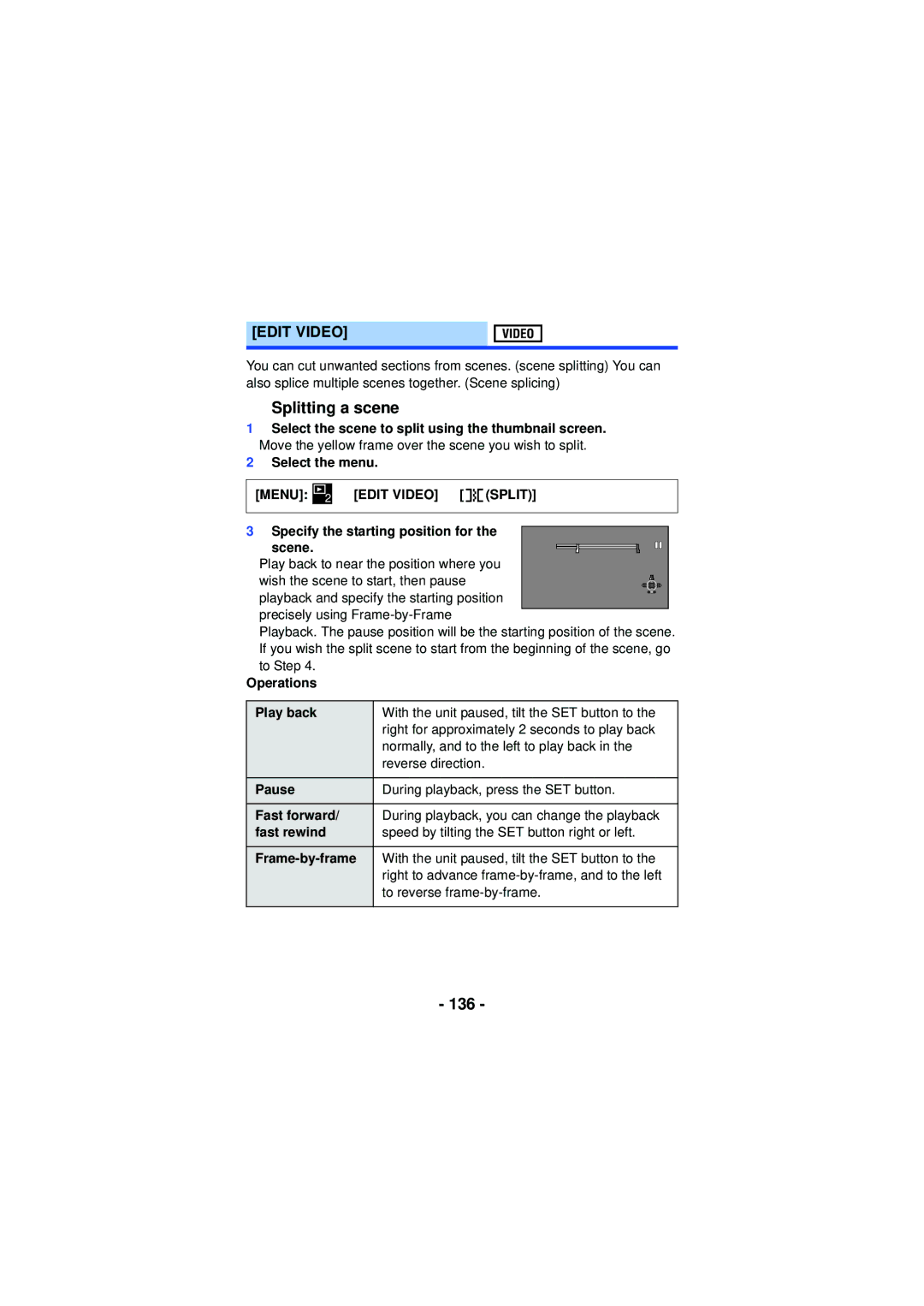 Panasonic HX-WA30, HX-WA03, HXWA03H owner manual Splitting a scene, 136, Edit Video 