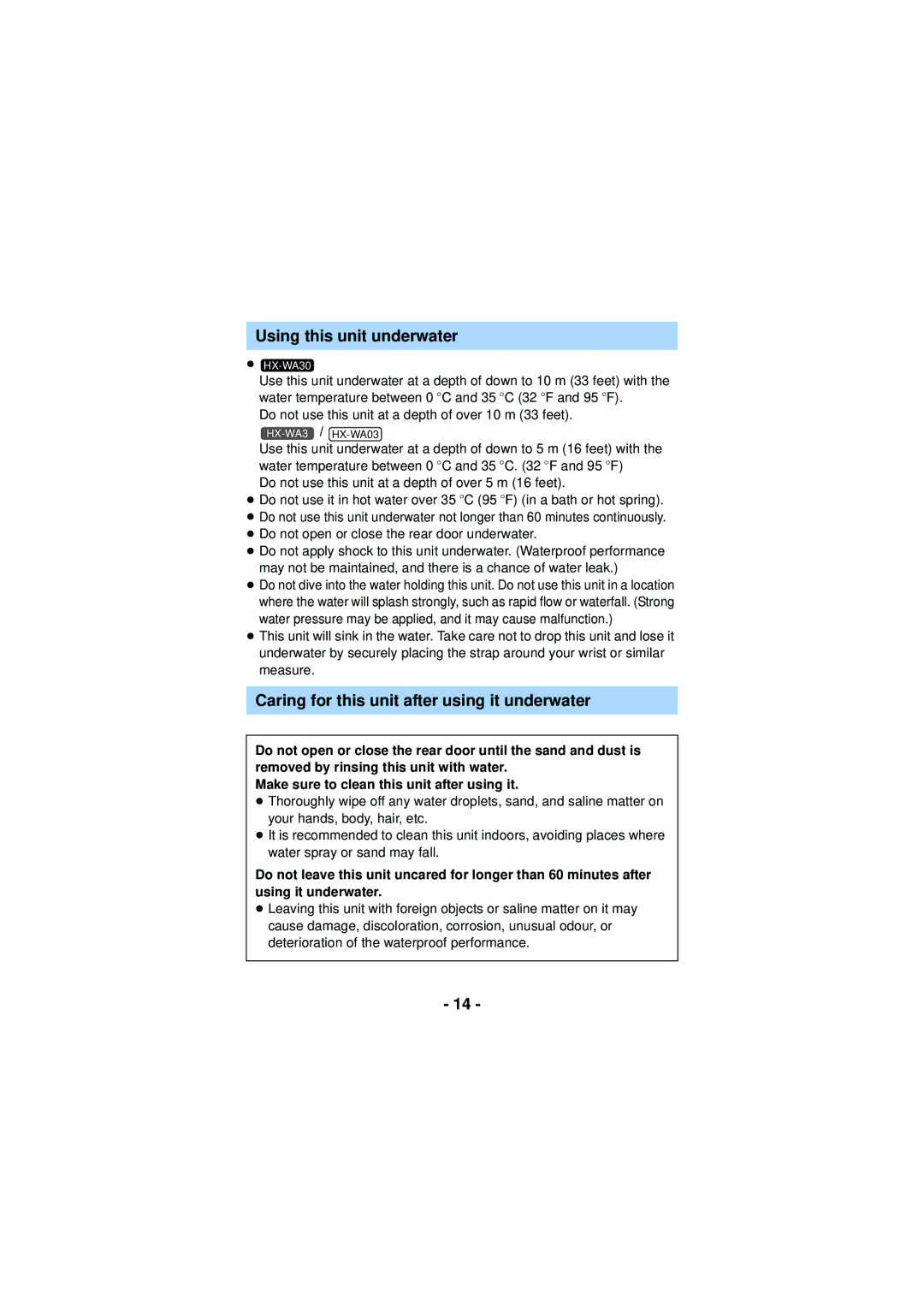 Panasonic HX-WA03, HX-WA30, HXWA03H Using this unit underwater, Caring for this unit after using it underwater 