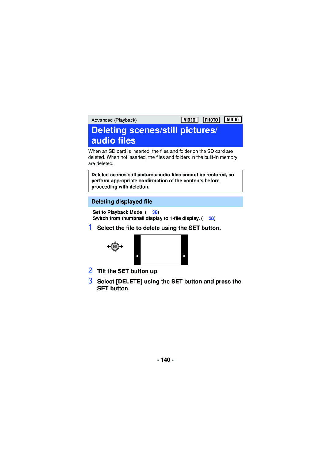 Panasonic HX-WA30, HX-WA03, HXWA03H owner manual Deleting scenes/still pictures/ audio files, Deleting displayed file 